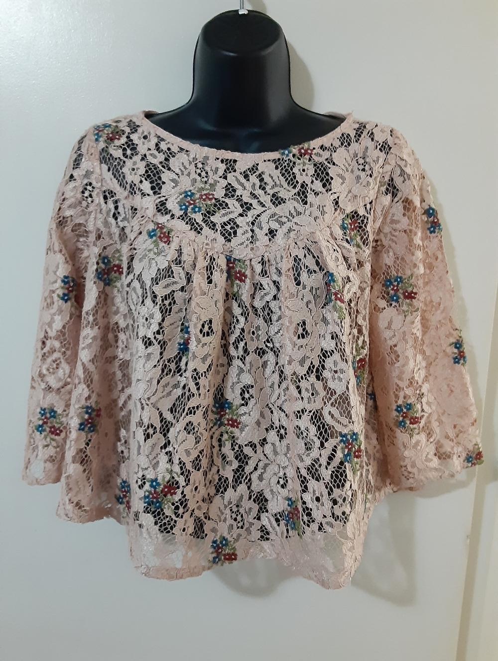 Zara Apricot Lace Boho Crop Top with Colorful Floral Embroidery - S